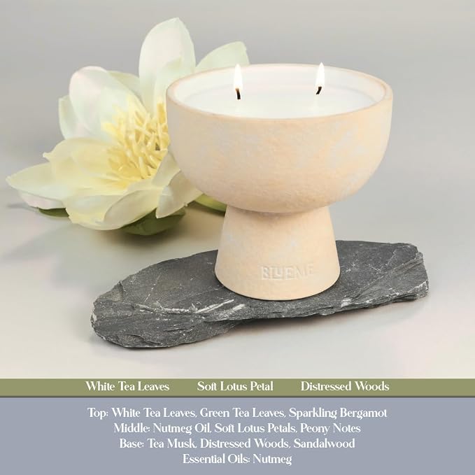 Blueme Balance Candle | White Lotus & Tea | 2 Wick - Refillable Wellness Candle with Essential Oils, Hand Finished & Poured Soy Wax Blend Ceramic Vessel, Natural Cotton Wicks | Medium 12 oz