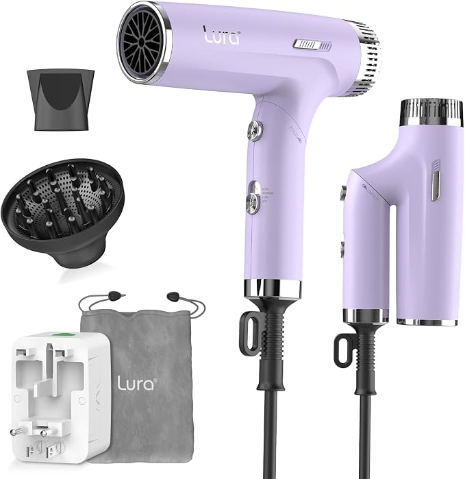 LURA Auto Dual Voltage Hair Dryer for International Travel,Travel HairDryers with Difffuser,Small Portable Blow Dryer for Women Lightweight,Compact Mini Blowdryers with Folding Hand for Kids(Purple)