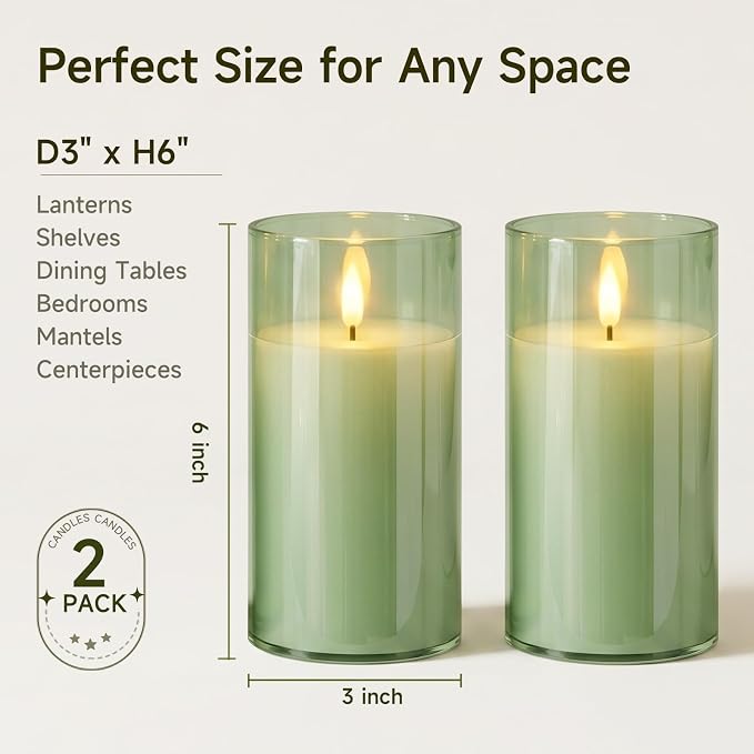Homemory Sage Green Glass Flameless Candles Battery Operated LED Pillar Candles with Remote and Timer, Real Wax Flickering Candles Home Decor, Wedding, Easter, Farmhouse, Table Centerpieces, Set of 2
