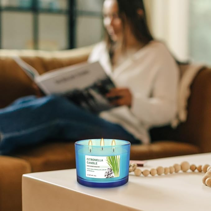 2x14oz Large 3-Wick Outdoor Indoor Citronella Candles, Long Lasting to 30 Hours, Scented Natural Soy Candle for Garden Camping Party Yard Balcony