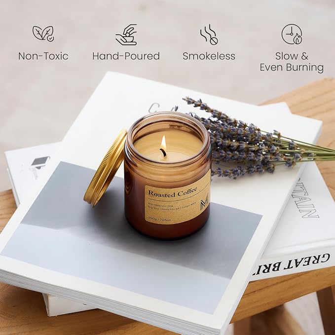 M&SENSE Roasted Coffee Scented Small Candle, 7.5Oz Aromatherapy Candle for Home Fragrance, Soy Wax Candles Gift for Birthday, Housewarming, Amber Jar Candle for Stress Relief, Meditation, Yoga