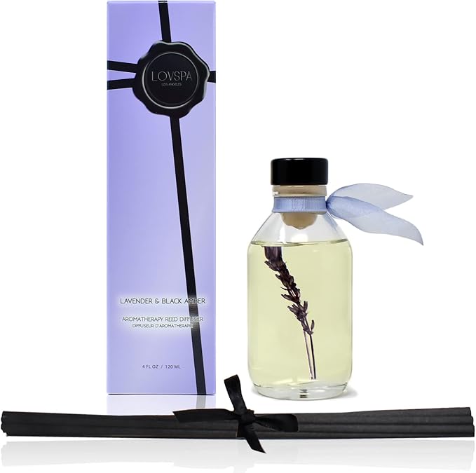 Lavender & Black Amber Reed Diffuser Set, Entryway Decor, Room Scent | Lavender, amber, and black myrrh profile, hotel fragrance, luxury home aroma, guest bathroom,