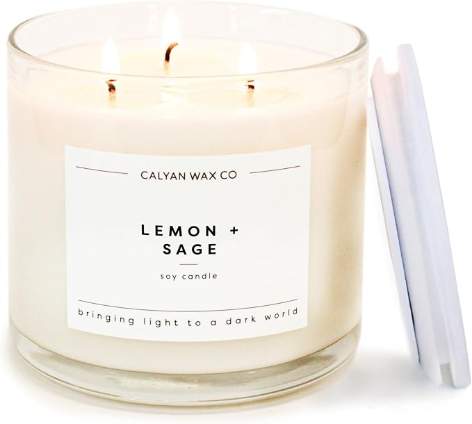 Calyan Wax Co. Lemon & Sage 3 Wick Scented Candle - 43 Hour Burn - Luxury 3 Wick Soy Candles - Soy Wax Candles - Long Lasting Large Glass Jar Candle for Home - 14.9oz