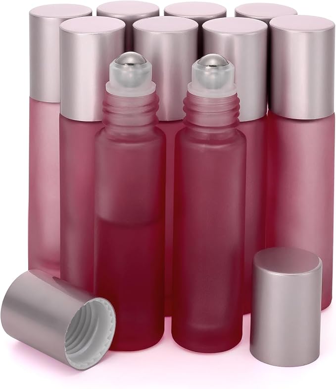 Kesell 10 Pack - 10ml Refillable Frosted Glass Roller Bottles Vials with Stainless Steel Roller Ball and Aluminum Cap - Pink Color