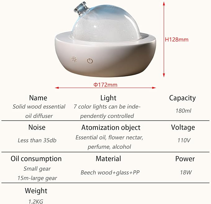Glass Essential Oil Diffuser with Real Wood Base, 180ml Aromatherapy Diffuser with 2 Mist Modes, 7 Colors LED Light Ultrasonic Cool Mist Humidifier for Home and Office