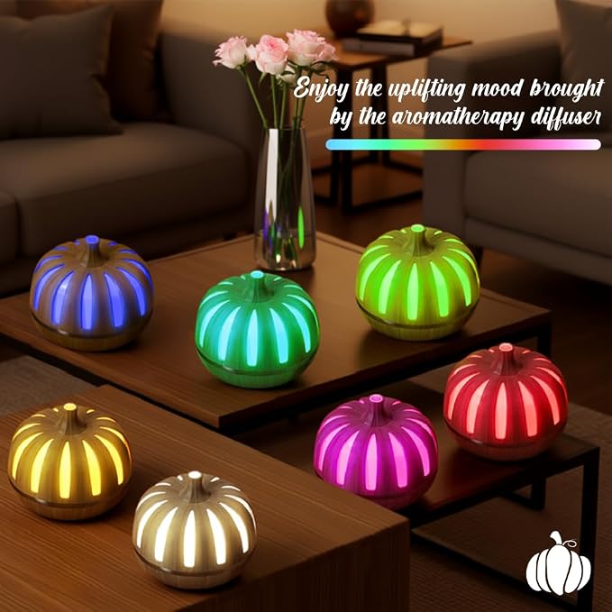 Essential Oil Diffuser 300ml for Home Bedroom, Aromatherapy Oil Diffuser with 3H 6H Timer, 7 Color Light, USB Type-C, Pumpkin Design, Auto Shut-Off(Light Woodgrain, Pumpkin)
