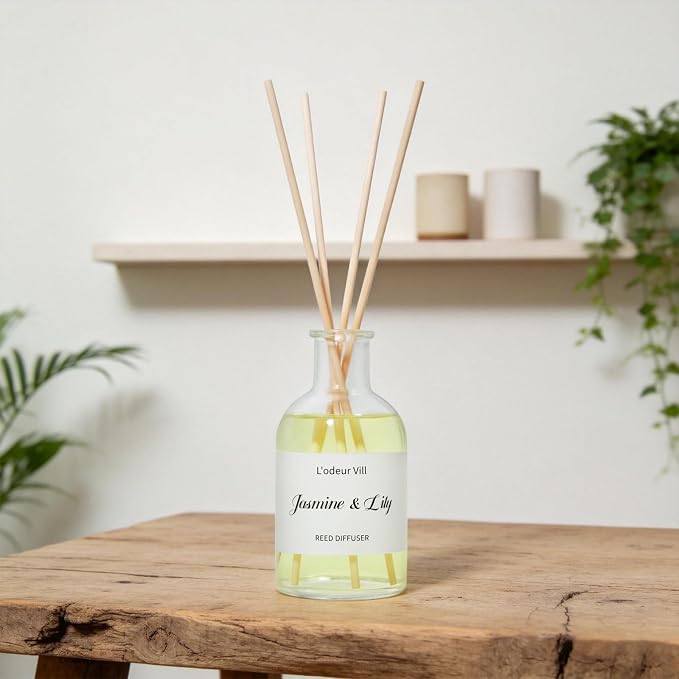 L'odeur Vill Reed Diffuser Set, 5.07 fl oz(150ml) Jasmine & Lily Reed Diffuser for Home Bathroom Diffuser with Long Lasting Scent Diffuser with 6 stricks Shelf Decor