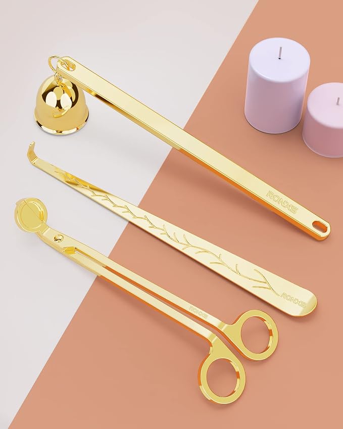 RONXS 3 in 1 Candle Wick Trimmer Set Candle Accessory Wick Cutter, Candle Snuffer Extinguisher, Candle Wick Dipper with Gift Package for Candle Lovers (Gold)