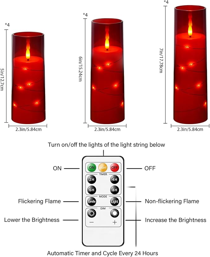 Sasigeiaa Flameless Candles with Embedded Star String - Battery Operated LED Candles, with Remote,12 Red Flickering Candles for Christmas, Weddings, Home Decor & Party,(D 2.3"×H 5" 6" 7")