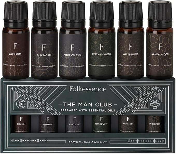 Folkulture Men Essential Oils Set for Diffuser, Father's Day & Birthday Gift for Men - 6x10ml Fragrance Oils for Candle Making, Scented Oil Gift Set,Oud,White Musk,Tobacco,Sandalwood & Leather Wood