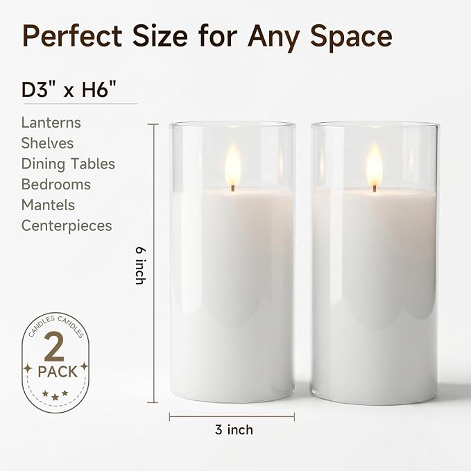 Homemory Clear Glass Flameless Candles Battery Operated LED Pillar Candles with Remote and Timer, Real Wax Flickering Candles with 3D Wick, Decorative Glass Candles Home Wedding Holiday Decor, 2 Pack