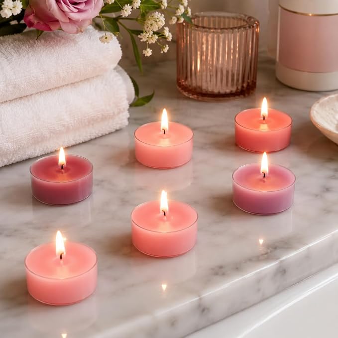 Gradient Pink Tea Lights Set of 24, Rose Scented Tealight Candles, Handmade Tea Candles, Long Burning Tealights for Romantic Wedding Home Decor Gift
