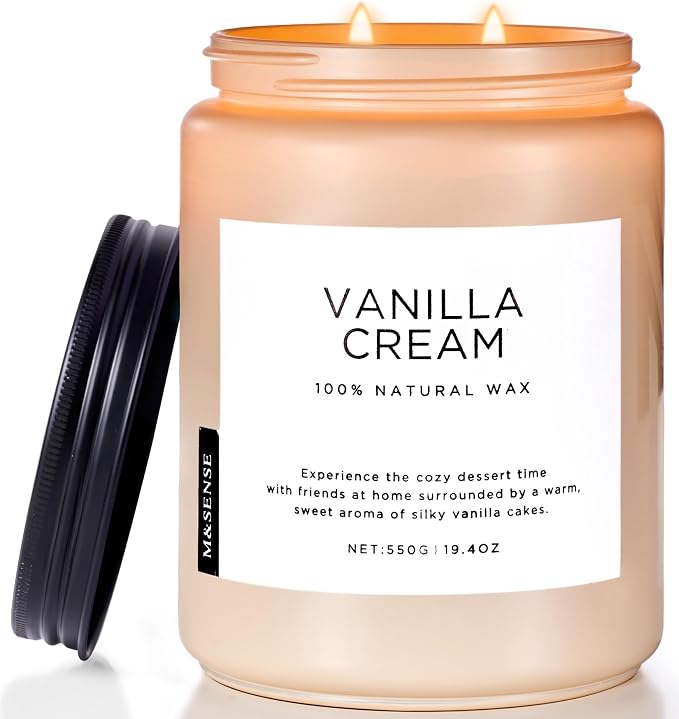 M&SENSE Large Vanilla Scented Candles for Home, 19.4oz Organic Soy Wax, 110-Hour Long Lasting Burning, Natural Candles Non Toxic, Cozy Smelling for Stress Relief, Housewarming Gift for Family