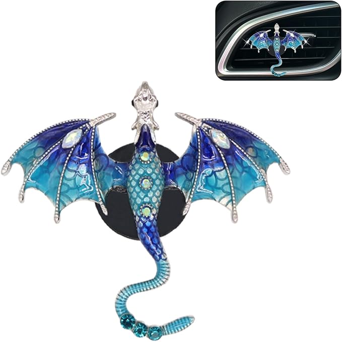 ORIESSE Bling Dragon Car Air Freshener Vent Clip,1pc Rhinestone Blue Dragon Car Decor,Cute Air Vent Clip Dashboard Decoration Accessory,Refillable Animal Diffuser