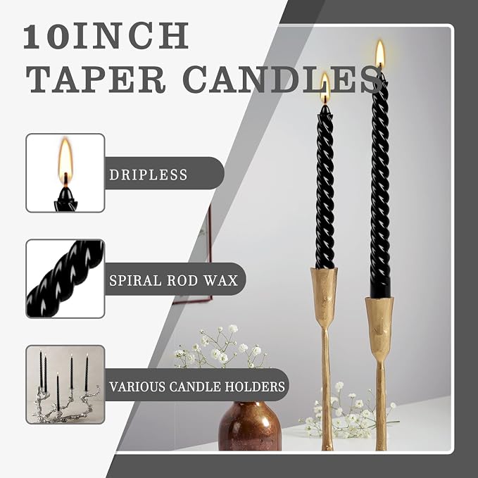 WPONSZU 10 Inch Black Spiral Taper Candle Set, 12 Pack Unscented Dripless Candlesticks for Halloween,Dinner,Party Brithday Wedding and Home Decoration