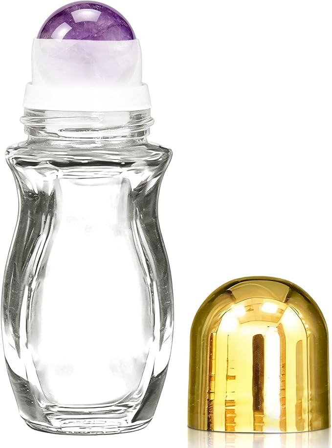 Amethyst Clear Roller Waisted Bottles for Essential Oils,50ml Refillable Clear Glass Roll On Bottles with Natural Crystal Roller Balls, Leak-Proof Travel Perfume Bottle with Gold Caps