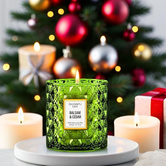 Balsam & Cedar Scented Candle Christmas Candles Gift, Christmas Festival Gifts, Large Luxury Scented Soy Jar Candles with up to 55 Hour Long Lasting, Highly Scented, 8.1oz