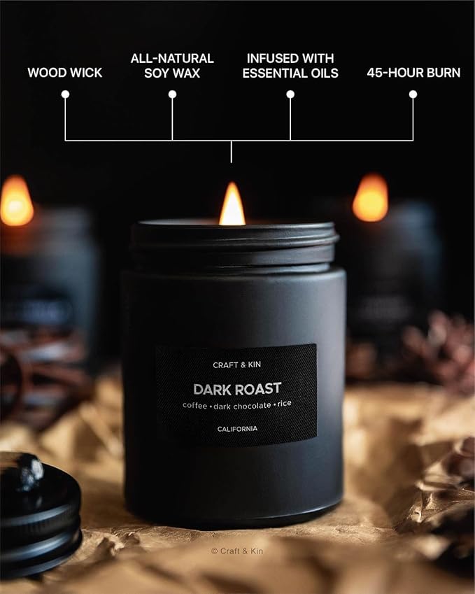 Craft & Kin Premium Dark Roast Coffee Scented Candle – Long Lasting, 45 Hour Burn Time – Luxury Black Natural Soy Scented Candle for Men with Wood Wick – Room Decor and Aromatherapy – 7.6 oz