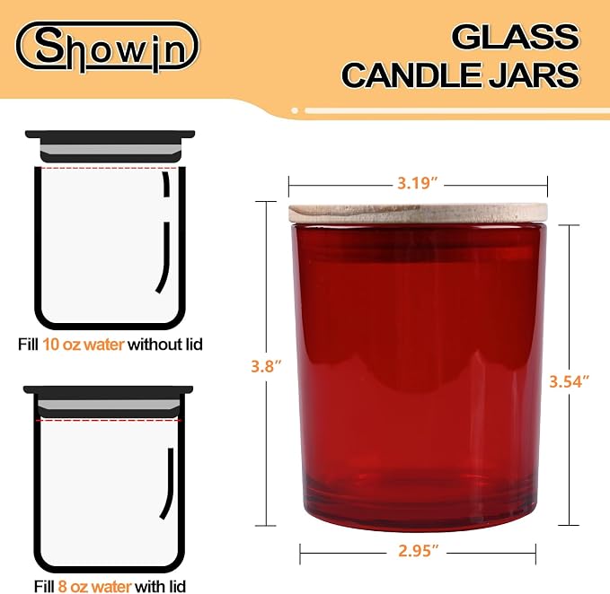 SHOWIN 10 OZ Thick Candle Jars for Making Candles 15 Pcs, Empty Jars with Wood Lids for Candle Making, Sample Container, Red
