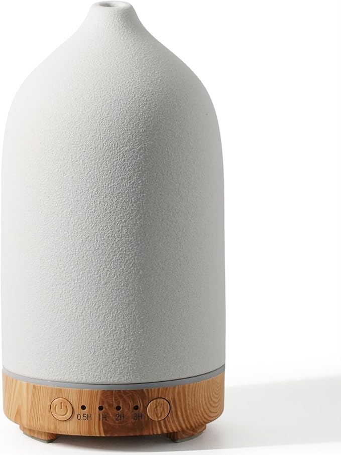 Diffuserlove Ceramic Essential Oil Diffuser 160ML Aromatherapy Diffuser for Home Bedroom Room Cool Mist Humidifier Stone Air Diffusers with Yellow Wood Pattern Base (Size:6.8" H x 3.6" W)