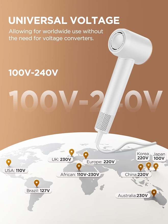 Dual Voltage Travel Hair Dryer with Diffuser, High-Speed Ionic Blow Dryer for Women, Fast Drying, Low Noise, Lightweight, No Heat Damage, European Travel 110V-120V/220V-240V