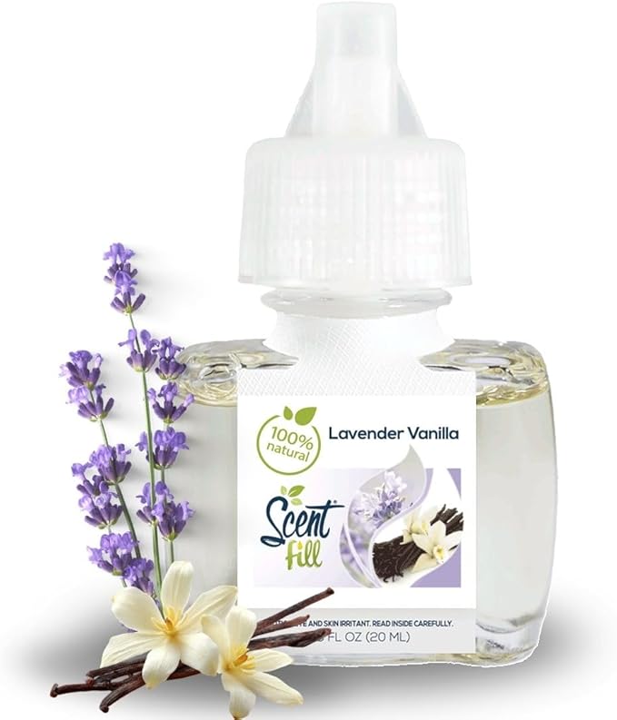 Scent Fill 100% Natural Lavender Vanilla Plug in Air Freshener, Scented Oil Refills, 2 Refills + Diffuser