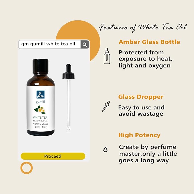 GM Gumili White Tea Fragrance Oil, Perfume Oil, Home Scent Oils for Soaps, Candle Making, Dryer Balls, Diffusers, Laundry, Slime -1 oz /30ml