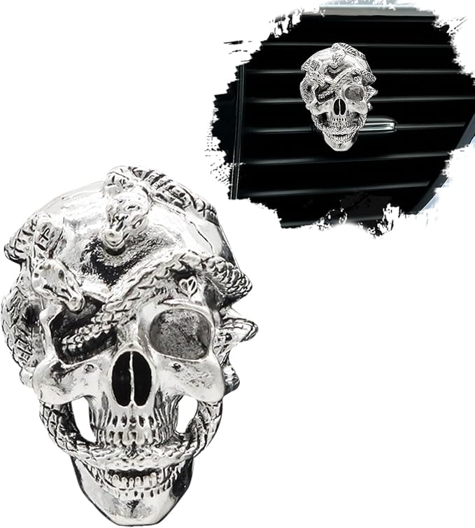 ORIESSE Skull Car Decor,Goth Car Air Freshener Vent Clip,Silver Snake Skull Horror Dahsboard Decorations Accessories,Refillable Clip On Diffuser for Women Teens