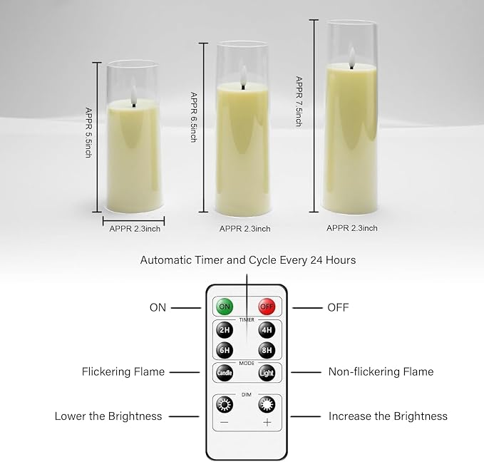 kakoya Flickering Flameless Candles Battery Operated with Remote and 2/4/6/8 H Timer Plexiglass Led Pillar Candles Pack of 9(D 2.3"xH 5.5"6.5"7.5")with Realistic 3D Wick Candles for Home Decor(Ivory)