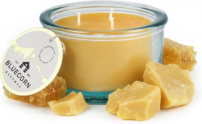 Bluecorn Beeswax 3-Wick Candle – Raw Unscented, 100% Pure Beeswax – 10oz Hand-Blown Recycled Spanish Glass – Non Toxic, Clean Burning, Refillable Glass Jar