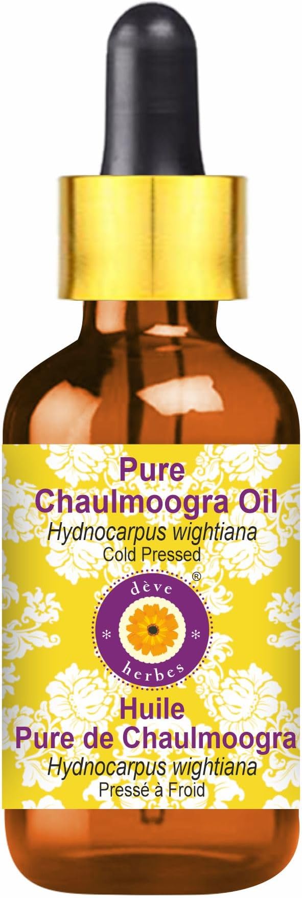 Deve Herbes Chaulmoogra Oil (Hydnocarpus wightiana) with Glass Dropper | Cold Pressed | Pure | For Diluting Essential oils | Skin & Massage | Non-Sticky | Lightweight | Unisex | 5ml (0.16 oz)