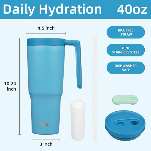Konokyo Insulated Tumbler with Handle and Straw,40 OZ Vacuum Stainless Steel Water Bottle Travel Mug Metal Cup with Fruit Diffuser,Dark Blue