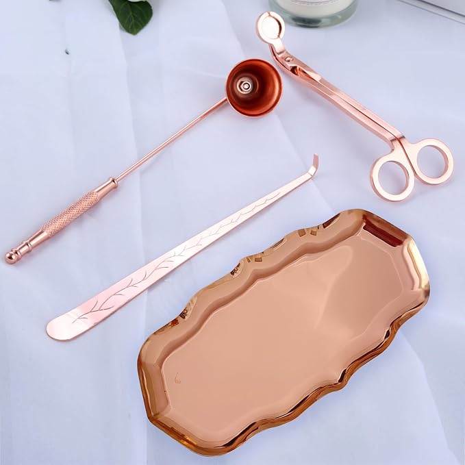Candle Accessory Set Gift Box, Exquisite Wave Storage Tray Plate, Candle Wick Trimmer, Bell Candle Wick Snuffer, Candle Wick Dipper, 4-in-1 Candle Care Toll Kit for Scented Candle Lover, Rose Gold