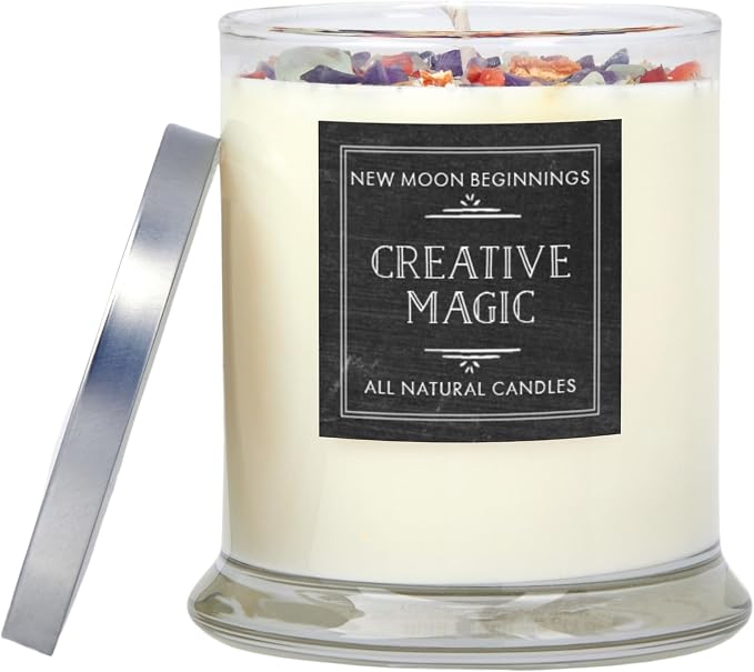 Creative Magic Candles by New Moon Beginnings - Focus, Creativity, & Concentration - Herb & Crystal Candles - Soy Aromatherapy Candle - 12oz Glass Jar