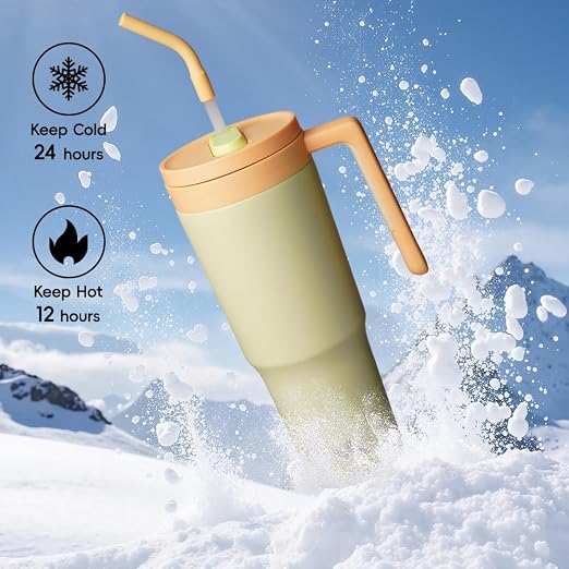 Konokyo 12 Pack 40 Oz Tumblers with Handle and Straw, Bulk Vacuum Insulated Stainless Steel Travel Mugs with Lids for Office, Events and Group Orders Lemon