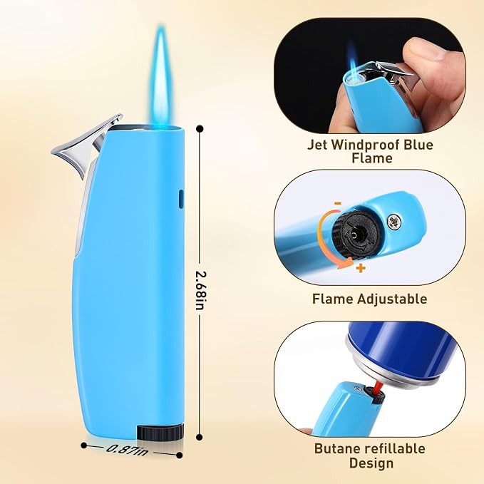 Women's Mini Butane Torch Lighter, Windproof Jet Flame Refillable Adjustable Candle Lighter for BBQ, Camping, Daily Use, Ideal Gift, 2 Pack (Blue, Butane Not Included)