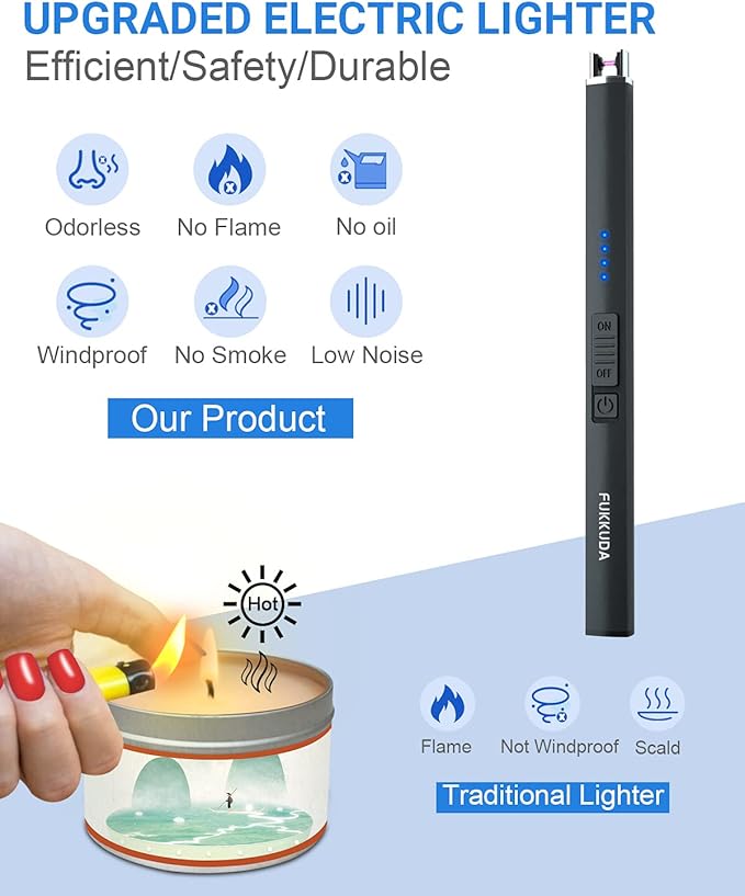 FUKKUDA Electric Candle Lighter with Gift Box - USB Rechargeable Windproof & Flameless Plasma Arc Lighter for Candles, Ocean Box Obsidian Black