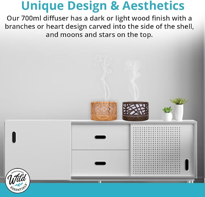 Wild Essentials 700ml Designer Large Room Essential Oil Diffuser, 5 in 1 Ultrasonic Aromatherapy Vaporizer Cool Mist Humidifier, Home, Office, Bedroom, Timer, Auto-Off, 7 Color LED (Dark Wood Hearts)