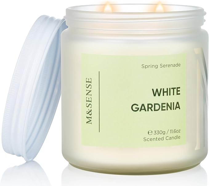 M&SENSE White Gardenia Scented Candle, 11.6oz Natural Soy Wax Non Toxic, 70-Hour Long Lasting Burn Time, 2-Wick Aromatherapy Gifts for Her, Spring Home Refresh & Romance