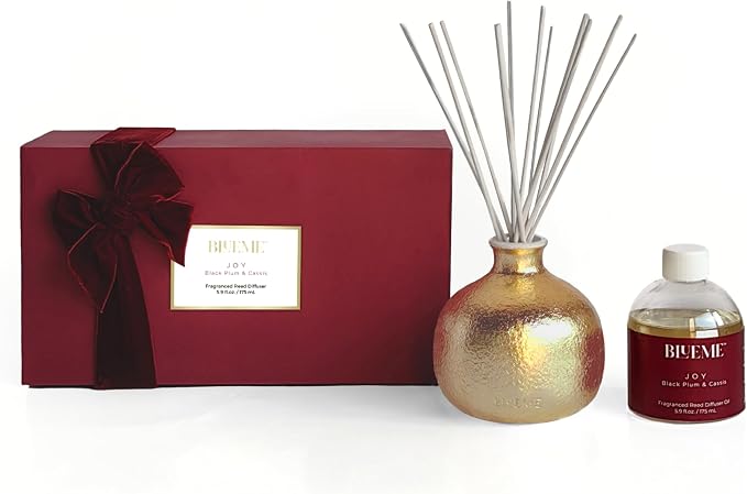 2025 Gold Holiday Diffuser | Joy - Black Plum & Cassis, Refillable, Contains Essential Oil, Sustainable Wellness, Hand Finished, Premium, Luxury Ceramic, Rattan Reeds