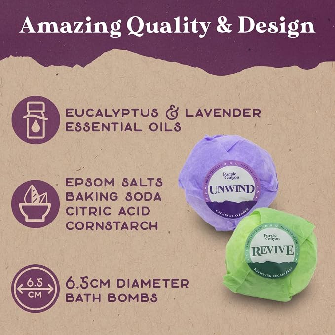 Purple Canyon Bath Bomb Set for Women | Relaxing Lavender and Natural Mint Eucalyptus Bath Bomb Gift Set for Women | Great for Moisturizing Skin, Relaxation, and Energy