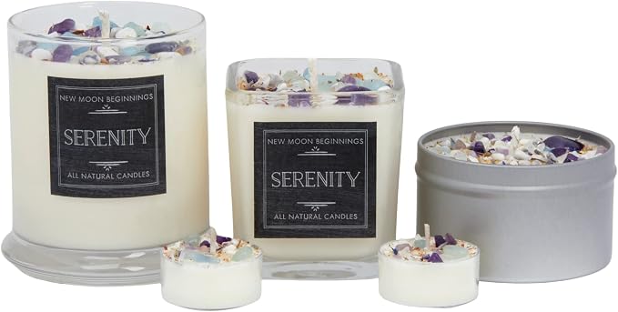Lavender Chamomile Candle by New Moon Beginnings - Calming Energy Candle - Crystal Candle & Herb Candle - Aromatherapy Candle - Essential Oil Candle (8 Ounce Round Tin)