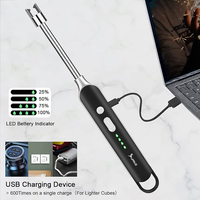 SUPRUS Electric Rechargeable Arc Lighter with LED Battery Display Long Flexible Neck USB Lighter for Candle Cooking (Black, 3Packs)