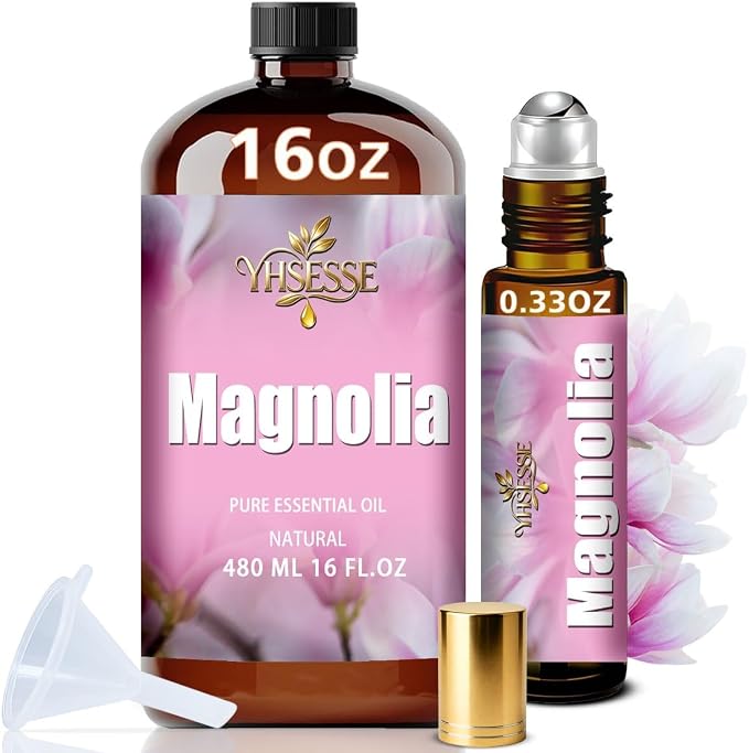 Magnolia Essential Oil, Magnolia Oil 16 Fl Oz 480ml for Diffuser Yoga Soap & Candle Making – with 0.33 Oz Roller Ball & Funnel YHSESSE Essential Oils