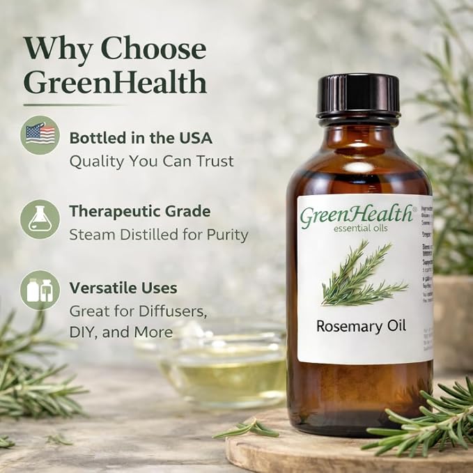 GreenHealth Rosemary Essential Oil 4 fl oz – 100% Pure & Natural – Undiluted Steam Distilled Aromatherapy Oil – Amber Glass Bottle for Diffuser, Candle Making, DIY & Home Fragrance