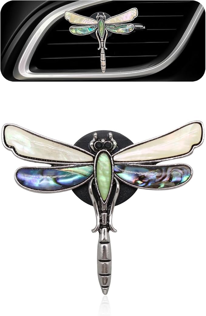 ORIESSE Dragonfly Car Decor,Cute Car Air Freshener Vent Clip,Iridescent Abalone Shell Dashboard Decoration Gift for Women Teens,Refillable Diffuser(Beige)