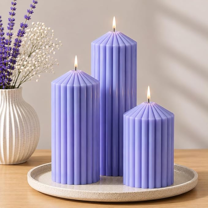 Ribbed Pillar Candles Set of 3, Width 3" High 4" 6" 8" Large Soy Wax Lavender Scented Modern Candles for Home Decor, Dinner Table, Living Room, Housewarming Gift