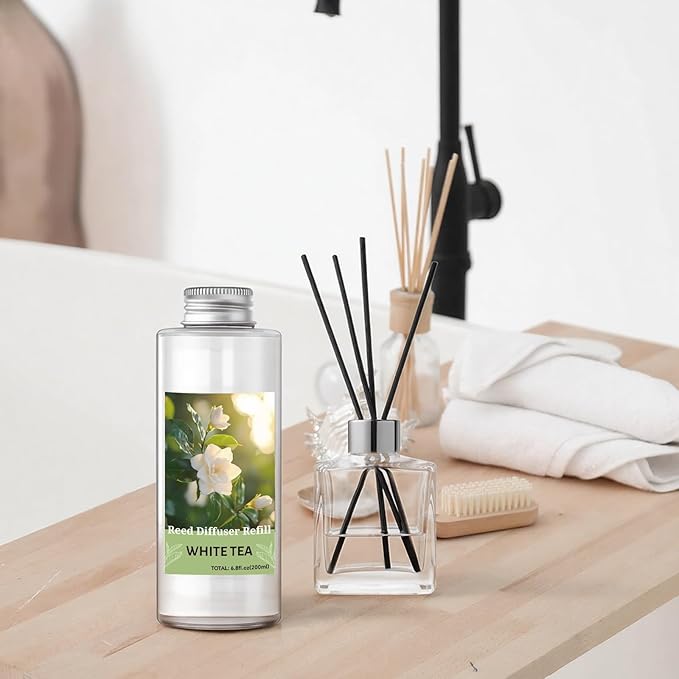 STRN Reed Diffuser Oil Refill, White Tea Scented Diffuser Oil Refills with 6 Reed Sticks 200ML(6.8fl.oz), Room Fresheners Long-Lasting Summer Fragrance for Living Room, Bedroom, Office