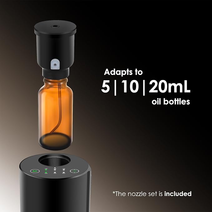 Waterless Diffuser Kit with 4 x 20mL Hotel Fragrance Oil (L-Black) | Aluminum alloy, battery powered, 7-color LED,4 timer and 3-level fog settings