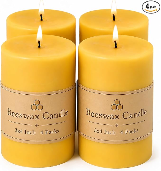 Beeswax Candles Pillar 3x4 Inch, 4 Pack Non Toxic Bees Wax Candle for Home Decor, Large Natural Organic Pillar Candle with 60 Hours Long Burning Time for Emergency, Meditation, Relax